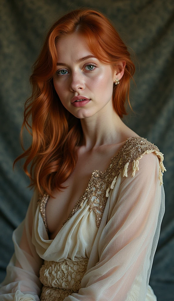 1girl, she's kneeling, she's naked, she looks down in submission, she's blonde and has clear eyes. 1girl, she is standing next to the other, she holds the other by the hair, she has a dominant position, she smiles in a sadistic way, her eyes red as flames and her red hair fill the room. ((BDSM)) NSFW.