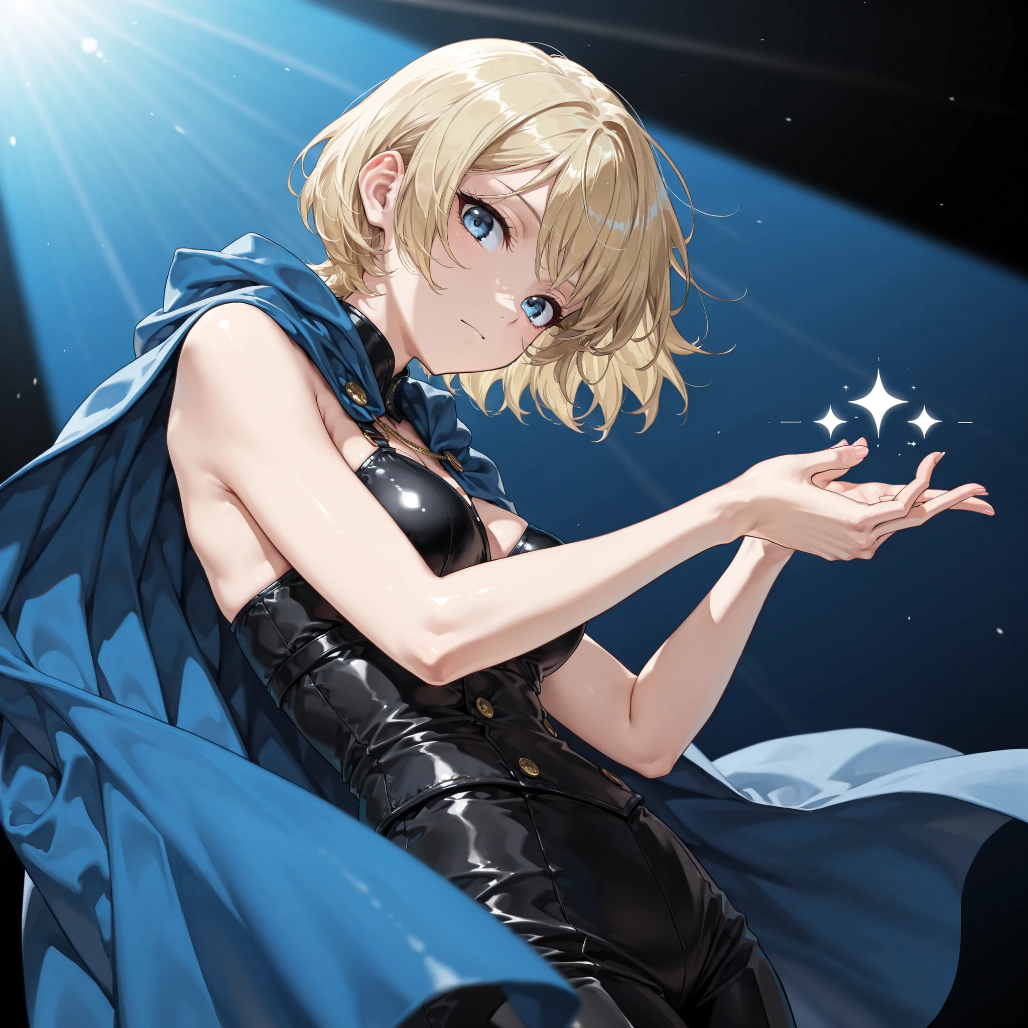 masterpiece, best quality, amazing quality, very aesthetic, high resolution, ultra-detailed, absurdres, (hands:-0.22),
1girl, woman, solo,(looking at viewer, three quarter angle, side shot, medium shot:1.19), blonde_hair, short_hair, blue_eyes, (tenka izumo, naon yuno:0.62), posing, modelshoot, modelling, flowy cape, cape draped over her silhouette, novuschroma79 style, glitch art photo
BREAK, depth of field, volumetric lighting