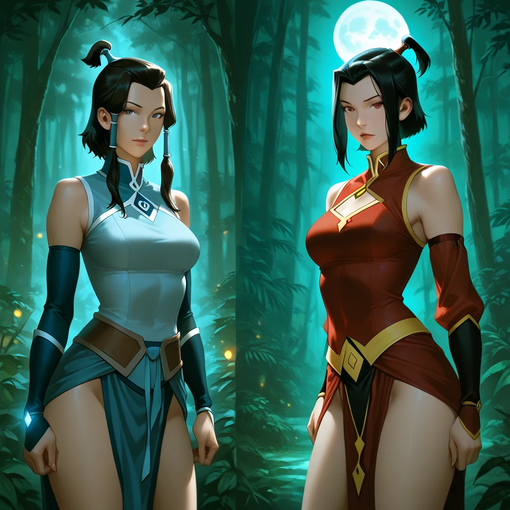 "(personagem feminina:Azula, personagem de Avatar A Lenda de Aang, cabelo escuro, olhos azuis) beijando (personagem masculino: Zuko, personagem de Avatar A Lenda de Aang), no estilo de plugsuit colado ao corpo, with a body-fitting swimsuit."azula "(personagem feminina: Azula, personagem de Avatar A Lenda de Aang, cabelo castanho, olhos azuis) beijando (personagem masculino:Sokka, personagem de Avatar A Lenda de Aang), no estilo de plugsuit colado ao corpo, with a body-fitting swimsuit." batom, maquiagem, rabo-de-cavalo, topknot Commissionedon --auto