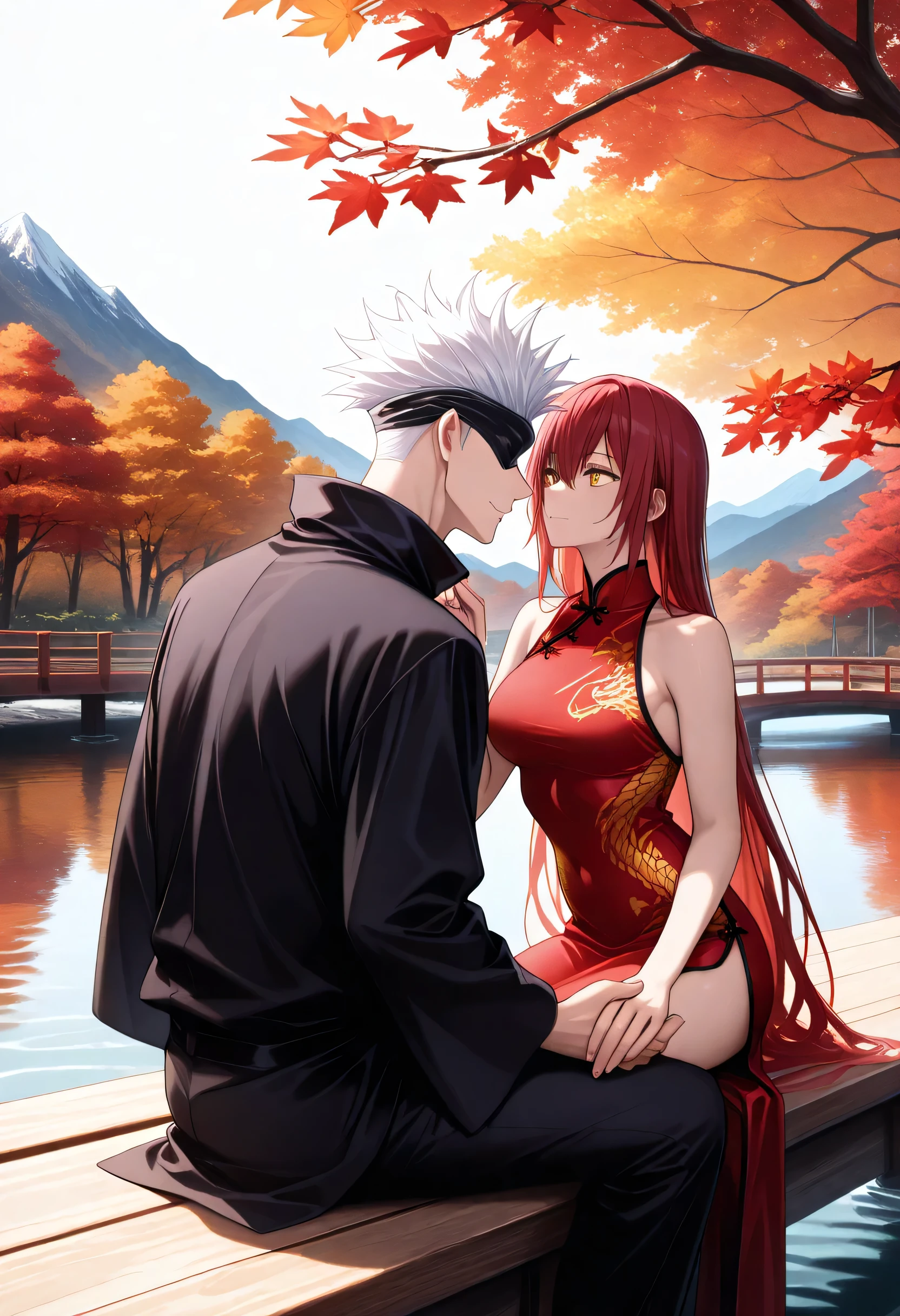 (masterpiece), (highest quality), (very detailed), (the best shape), (best shadows), (absurd), (so beautiful), beautiful eyes in every detail, unusual, 8k, 32K, high resolution, very detailed e CG, score_9, score_8_high, score_7_high, Those_anime_series, cinematic, BREAK 1 man, satoru gojou, jujutsu kaisen, black blindfold, white hair, short hair, cool, trained body, muscular, chinese kimono, BREAK couple, duo focus, hetero, look at each other, face to face, , size diefference, height difference, Japanese autumn landscape, mountains covered in vibrant autumn foliage, with shades of red, orange, and yellow blending harmoniously, stream flows through the scenery, with fallen leaves floating on the water, warm sunlight gently illuminates the landscape, dynamic pose, cute pose, wooden bridge over the river, sitting on the wooden bridge next to each other, holding hands, looking at each other in love BREAK 1girl, golden eyes, red hair, very long hair, long side parting, hair between the eyes, cool, sexy, beautiful, petite, red Chinese cocktail dress with golden dragon pattern
