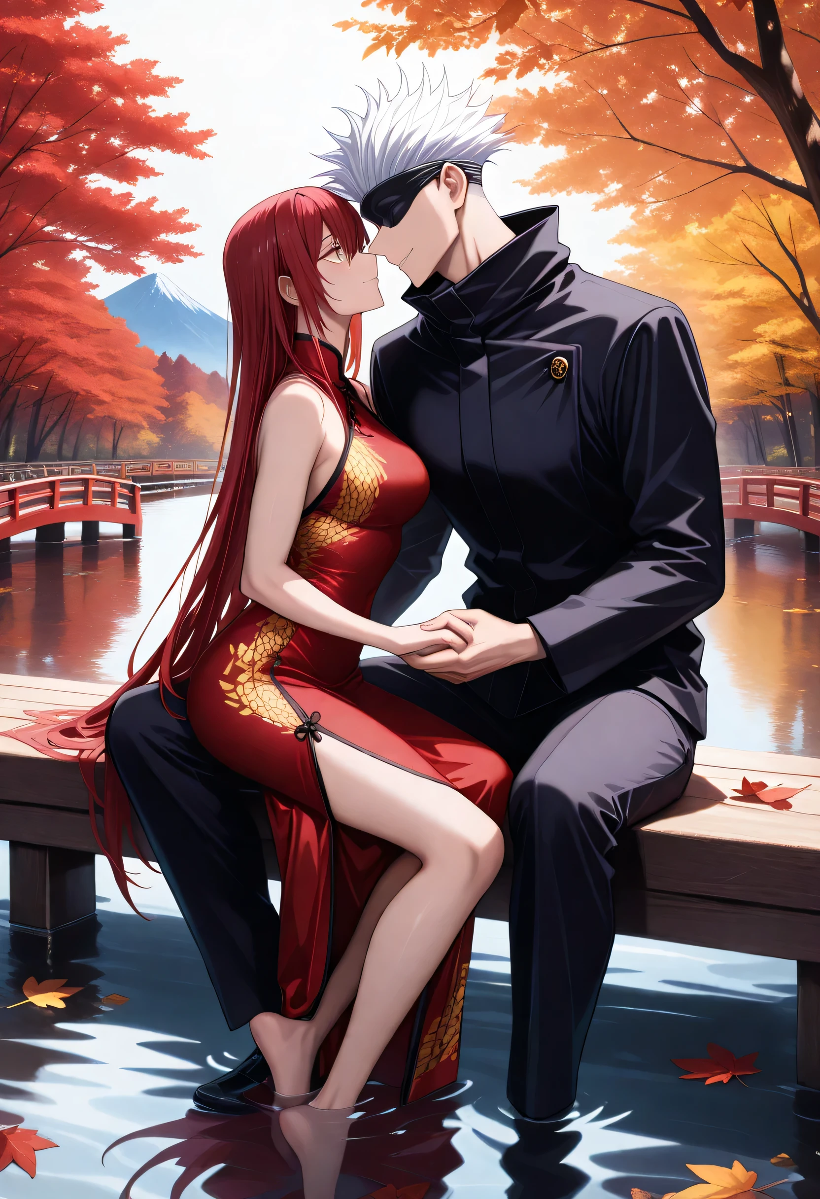 (masterpiece), (highest quality), (very detailed), (the best shape), (best shadows), (absurd), (so beautiful), beautiful eyes in every detail, unusual, 8k, 32K, high resolution, very detailed e CG, score_9, score_8_high, score_7_high, Those_anime_series, cinematic, BREAK 1 man, satoru gojou, jujutsu kaisen, black blindfold, white hair, short hair, cool, trained body, muscular, chinese kimono, BREAK couple, duo focus, hetero, look at each other, face to face, , size diefference, height difference, Japanese autumn landscape, mountains covered in vibrant autumn foliage, with shades of red, orange, and yellow blending harmoniously, stream flows through the scenery, with fallen leaves floating on the water, warm sunlight gently illuminates the landscape, dynamic pose, cute pose, wooden bridge over the river, sitting on the wooden bridge next to each other, holding hands, looking at each other in love BREAK 1girl, golden eyes, red hair, very long hair, long side parting, hair between the eyes, cool, sexy, beautiful, petite, red Chinese cocktail dress with golden dragon pattern