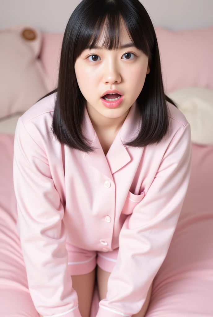 Surrealism, high detail, movie lighting, Ray tracing, First Perspective, Shoot at eye level, ultra high definition, masterpiece, White skin, 4K, best quality,One with his mouth open,eyes closed,Wearing pink pajamas,on the bed,Holding a long
