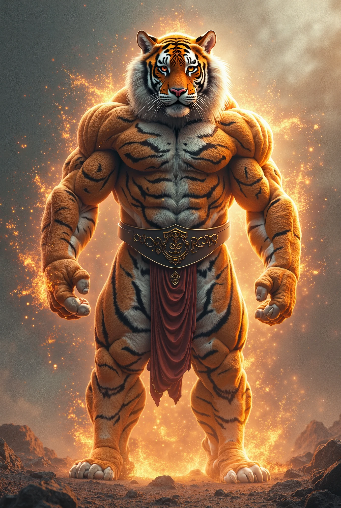 muscle, male, bengal tiger head:1.0, dressed as a king standing on a cliff , surrounded by fire, photo realism, cgi, (fighting pose:1.2), (baki:1.2), teeth, (steam:1.0), high detail, castle, masterpiece, (HDR)(wallpaper)(movie lighting)(sharp focus), masterpiece, best quality, (extremely detailed CG unity 8k wallpaper), (best quality)