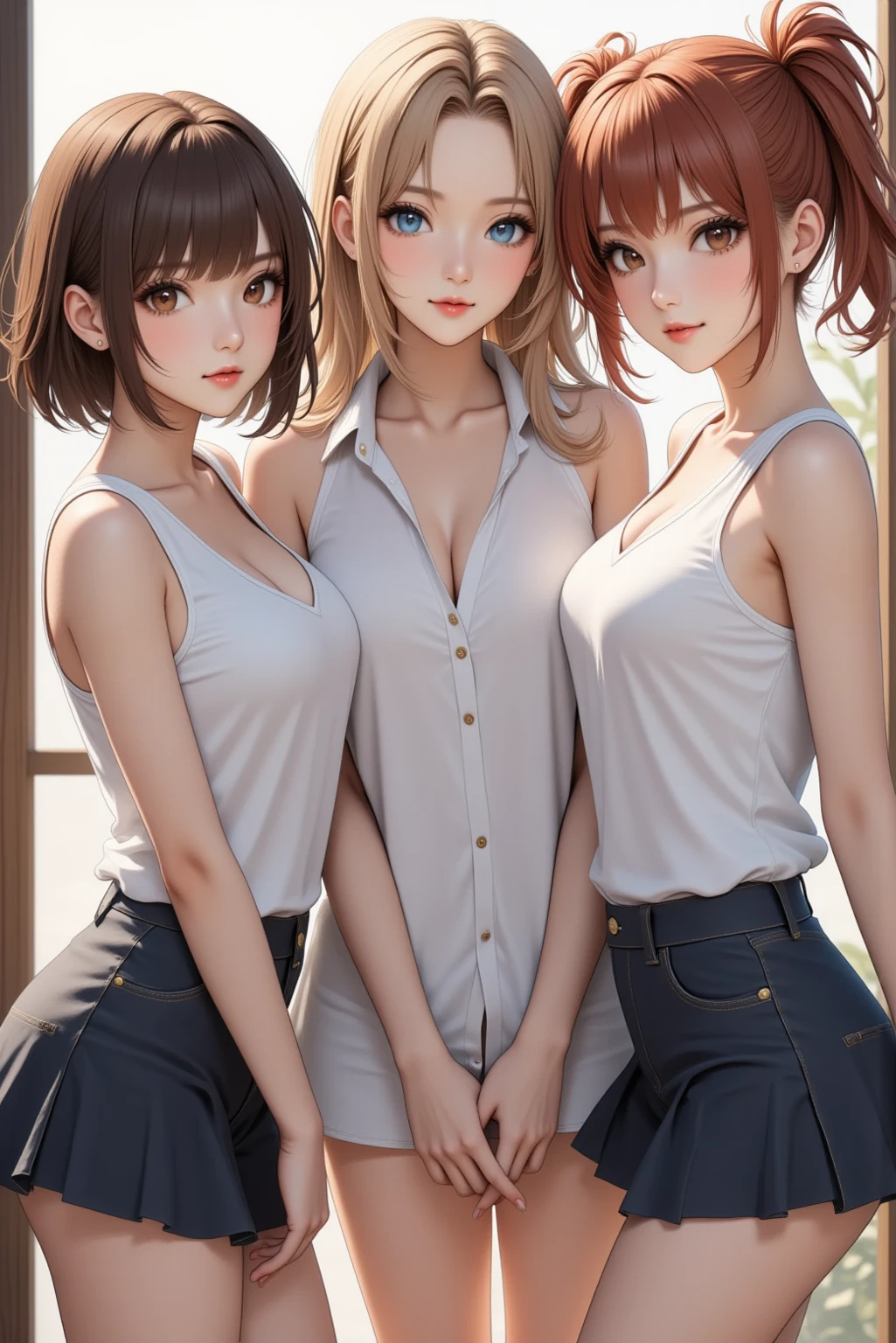 ((highest quality)), ((masterpiece)), (3 girls:1.5), Three cute girls are posing for the camera in my room, (shirtを持ち上げる:1.5), (three people standing in a row), (Close-up shot from the waist up), (open your mouth and smile:1.3),ray tracing, ((topless)), chest, hair band, head band, hair bobble, blouse, shirt, (high resolution face), (high resolution fingers), Asian, Westerners, silver hair, brown hair, blonde, (belly button), jewelry, looking at the viewer, necklace, long hair, short hair, (abs),