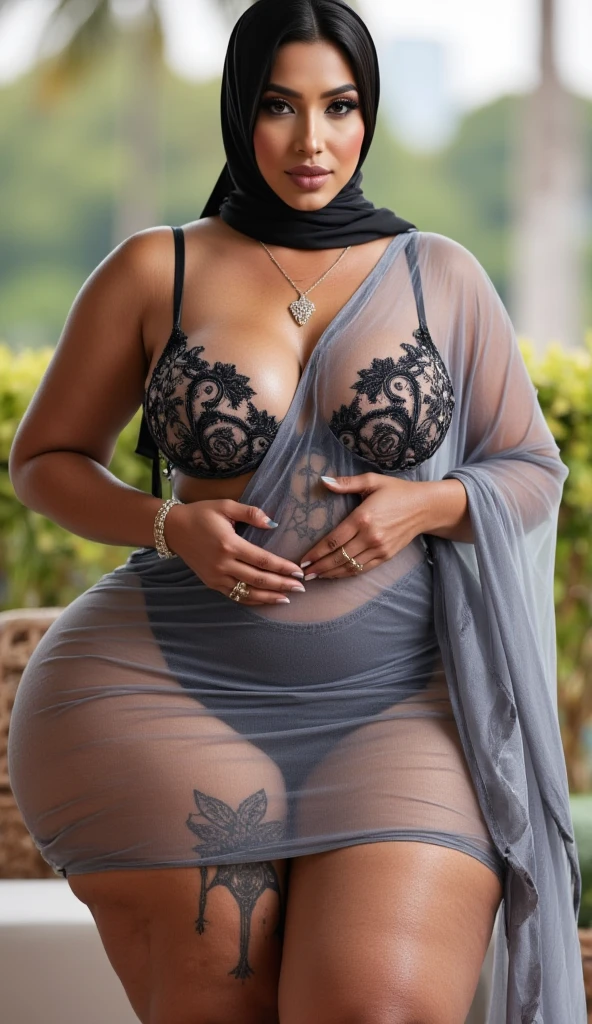 malaysian girl sexy seducing pose, party background, wearing hijab, brown floral pattern color hijab, big breast covered by dress, wide waist, thick thighs bright lighting, big round ass, 30 years old, slim body