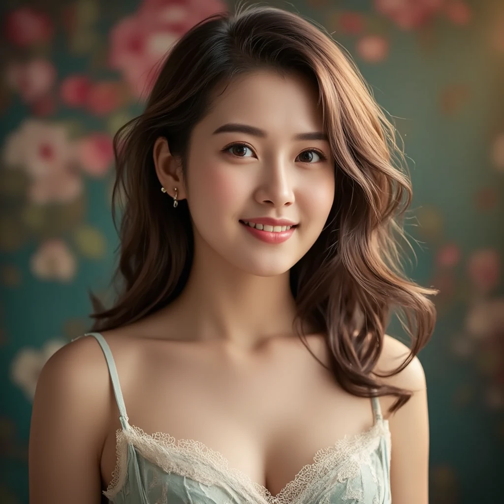 (masterpiece:1.5), high quality, aesthetic photo ,(HDR:1.3), pore and detailed, intricate detailed, graceful and beautiful textures, RAW photo, 16K, diffused sunlight, 8K, RAW photo, top-notch quality, exceptionally detailed RAW color photo, professional-grade photograph, (realistic, photorealistic:1.2), (highly detailed skin:1.1), ultra-high resolution, (lenz 80mm), (F/1.2), stunning beautiful girl, 20 yo, fashion model, elegant and charming, cute, blushing, very detailed and sharp facial features and expressions, very detailed and shinning natural hairs, very detailed and perfect natural breasts, very detailed glossy eyes, very detailed glossy lips, detailed sharp nose, very detailed and white glistening teeth, short hairs, designer modern fashionable clothes, vibrant and colourful, abstract background, studio background, perfect lighting, cinematic colour grading, extremely detailed, minute details, soft focus, ray tracing, focus of girl, dynamic pose, sexy and seductive, flirty smile,