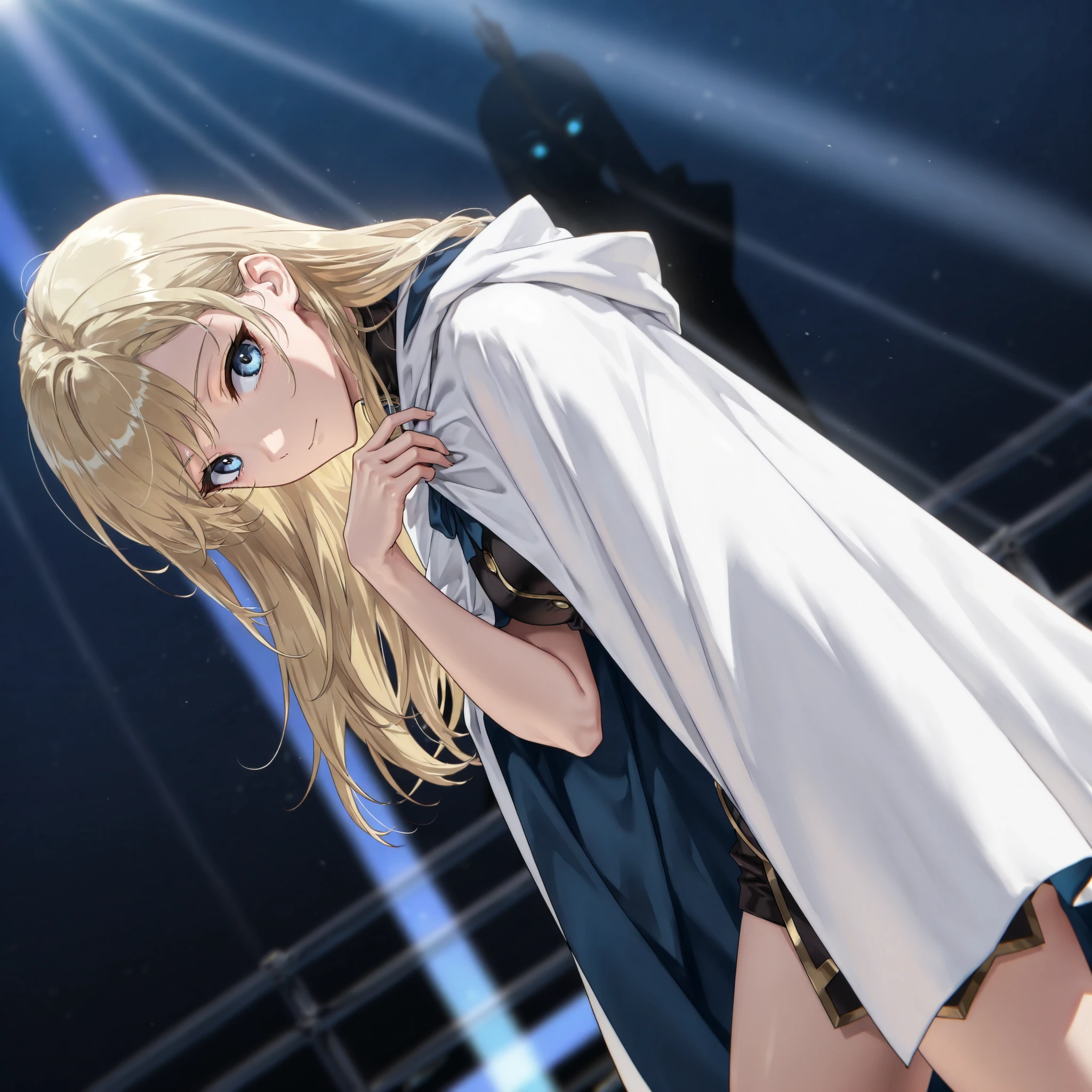 masterpiece, best quality, amazing quality, very aesthetic, high resolution, ultra-detailed, absurdres, (hands:-0.22),
1girl, woman, solo,(looking at viewer, three quarter angle, side shot, medium shot:1.19), blonde_hair, long hair, blue_eyes, (tenka izumo, naon yuno:0.62), posing, modelshoot, modelling, flowy cape, cape draped over her silhouette, novuschroma79 style, glitch art photo
BREAK, depth of field, volumetric lighting