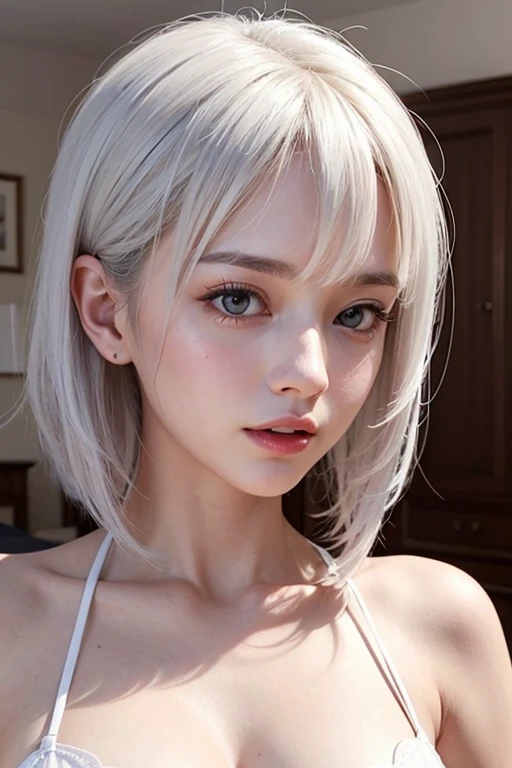 Naked girl walking through a dark dark forest, white hair, dark red lipstick, black lined eyes, pale skin, big breasts, hairless body, ultra detailed perfect beautiful face, smiling at camera, 8k, Masterpiece, ultra details, Perfect face.