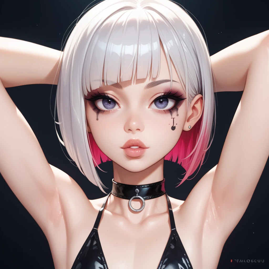 cyber punk edgerunners, One girl, Lucy (cyber punk), Exposing shoulders, blue eyes, chest, leotard, View Viewer, medium chest, Off the shoulderジャケット, Off the shoulder, Red eyeliner, short hair, sleeveless turtleneck leotard, alone, turtleneck leotard, Gray Hair, ((masterpiece)) (highest quality, masterpiece)