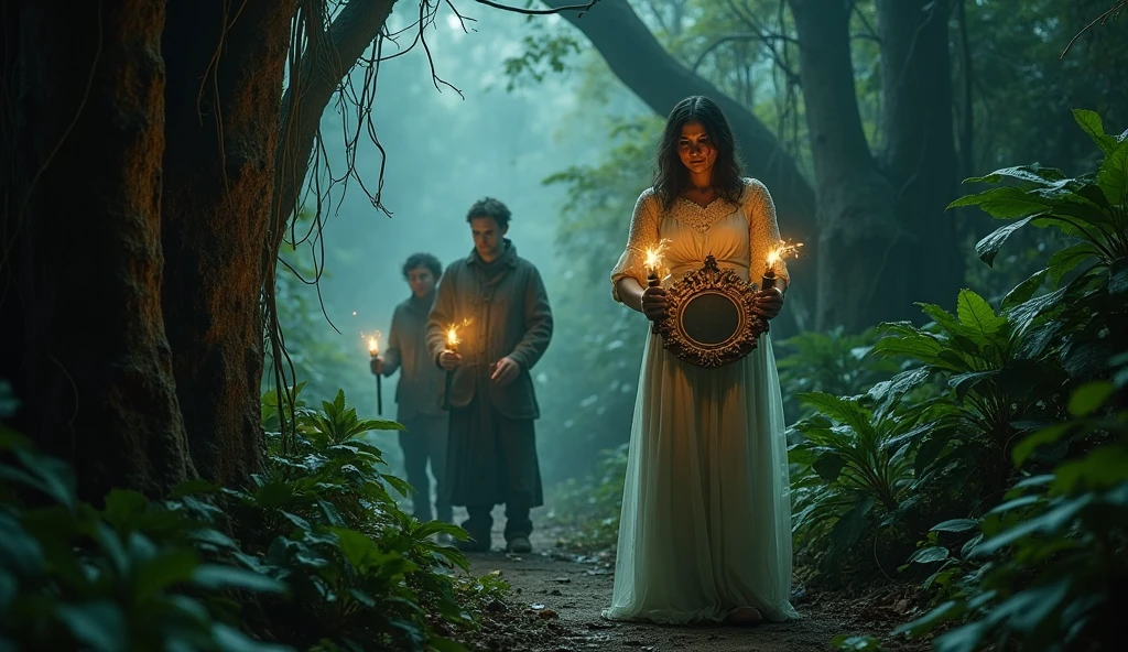 Three goddesses,In the forest,white dress dancing,Back,altar,alchemy,candle