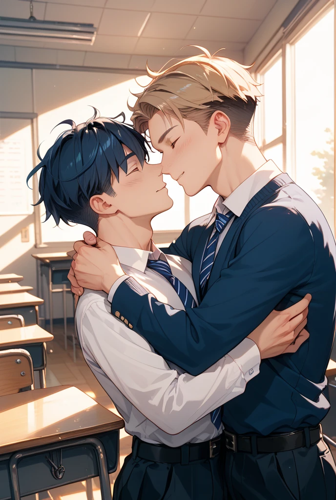 ((Masterpiece, Super Hi-Res, Highly Detailed, 8k)), ((2 boys kissing: 1.5)), Scandinavian, about 20, handsome, short hair, ((British public school student style attire, no tie, makes viewer smile : 1.2)), twink, manly face, skinny, excited, gay erotic,. Sexy Raised, cowboy shoot, Vivid colors, cinematic Classroom at dusk, lighting effects,