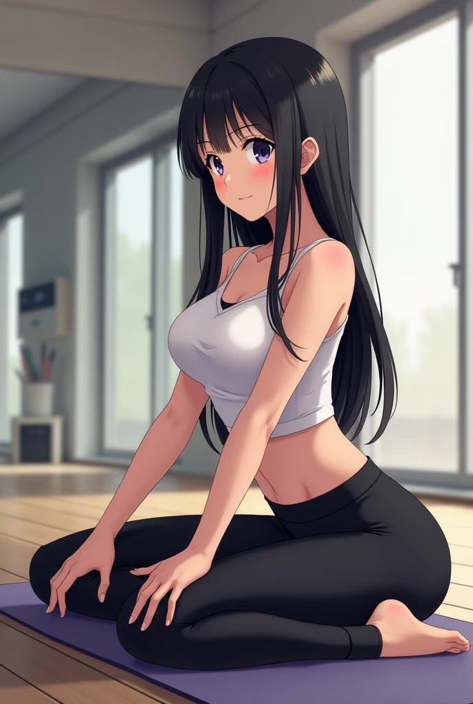 Girl,cute,kawaii,Chest to head,smile,Straight Hair,Long Hair,Black Hair,sitting,my room,sports bra top,looking at the camera,Raise your arms,Stretching, daylight