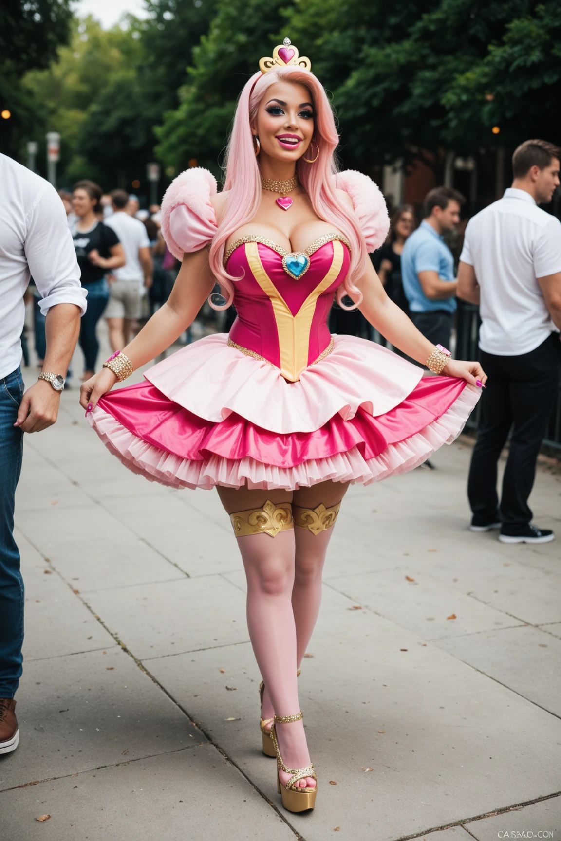 I want you to make me a realistic naked woman, with a dress style of a princess in the style of Mario bros pastel pink, where you can see her breasts and naked nipples, that he is wearing long white boots , outside a castle