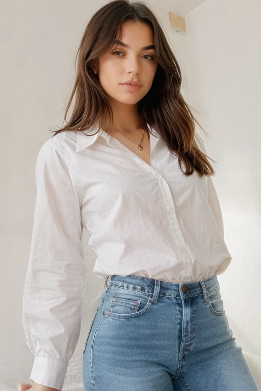 a 14 year old Peruvian brunette girl wearing a stylish blouse with blue flared jeans