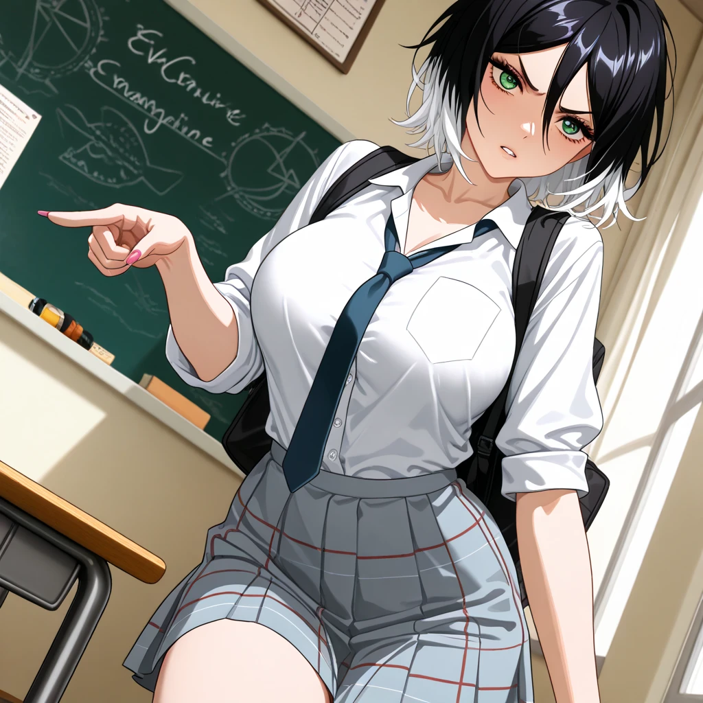 (best quality), (masterpiece), Shizune, school uniform, green skirt, untied black ribbon, white shirt, indoors, looking at viewer, mischievous expression, very busty, unbuttoned shirt, holding a manual breast pump, pointy hair intakes, brown penny loafer shoes