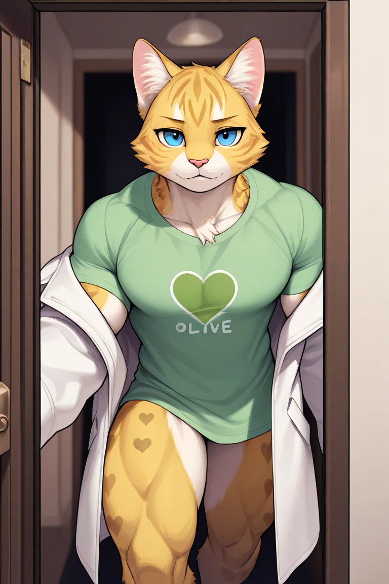 All White cat, anthropomorphic, bedroom, shirtless, green eyes, happy, smiling, standing, male,