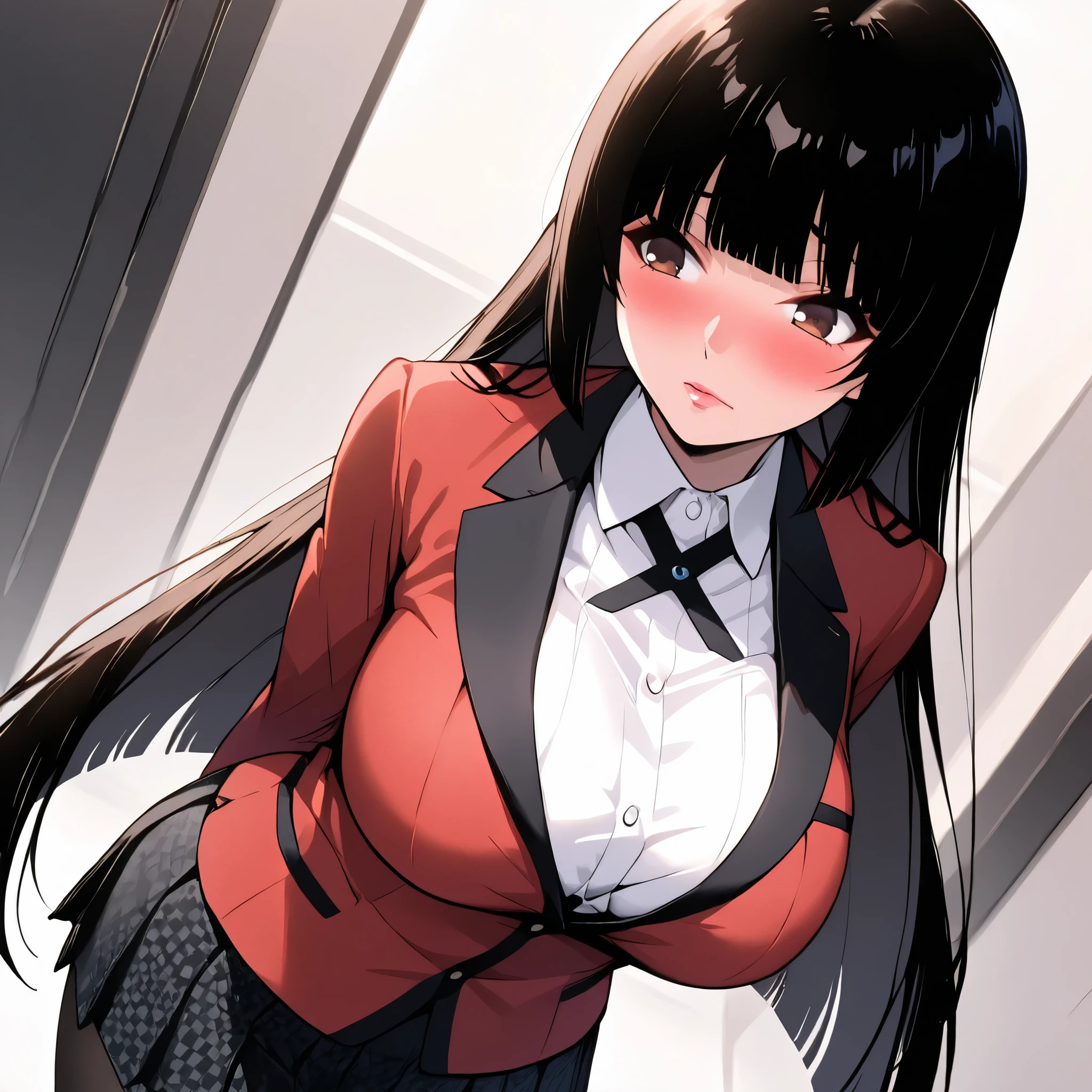 A woman with very long black hair and (very long bangs:1.5), wearing a and skirt, blazer, pantyhose, standing. The artwork is inspired by manga and incorporates a doujin style. The woman appears to be (wetting herself:1.5), which causes her to feel embarrassed and humiliated, resulting in a blush on her face. In addition, there is an air of anger in her expression. The lighting in the scene is moody, with a spotlight highlighting the woman's figure. She is crossing her arms, (arms crossed:1.5), fully showcasing her skirt., large breasts, wardrobe malfunction, nipple slip