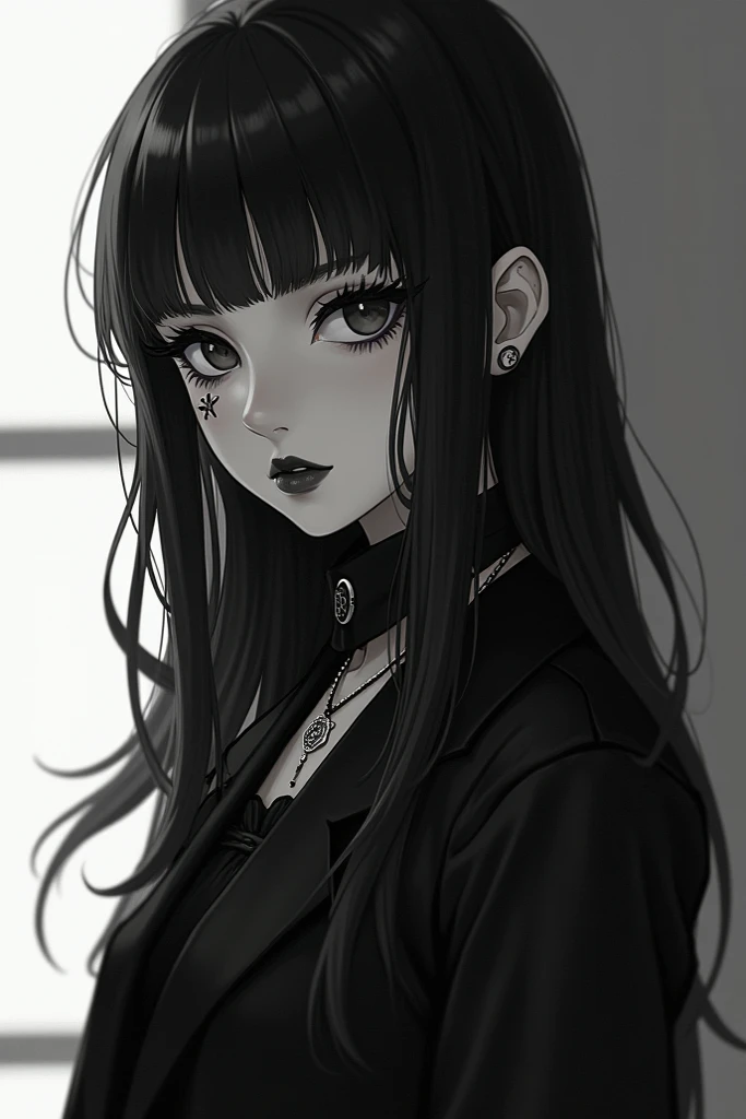 Japanese girl, glamorous and feminine gothic, lined eyes, defined eyebrows, seductive thick lips, 90s style, wears skull-shaped accessories , black and white scene, very slanted eyes, his expression is serious, seductive, Look sideways, he wears totally black,