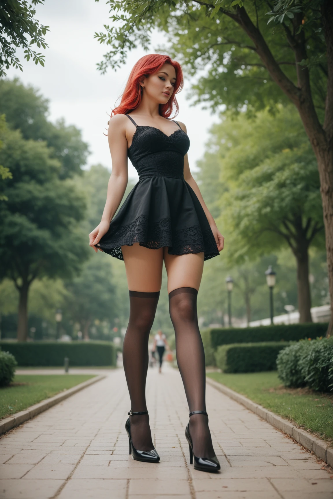 ultra realistic, photography, red haired girl, 20 years old, hourglass figure, perfect body, long legs, black short dress, skin-tight, small breasts, thigh-high socks, high heels, city sidewalk background, hard nipples, walking,