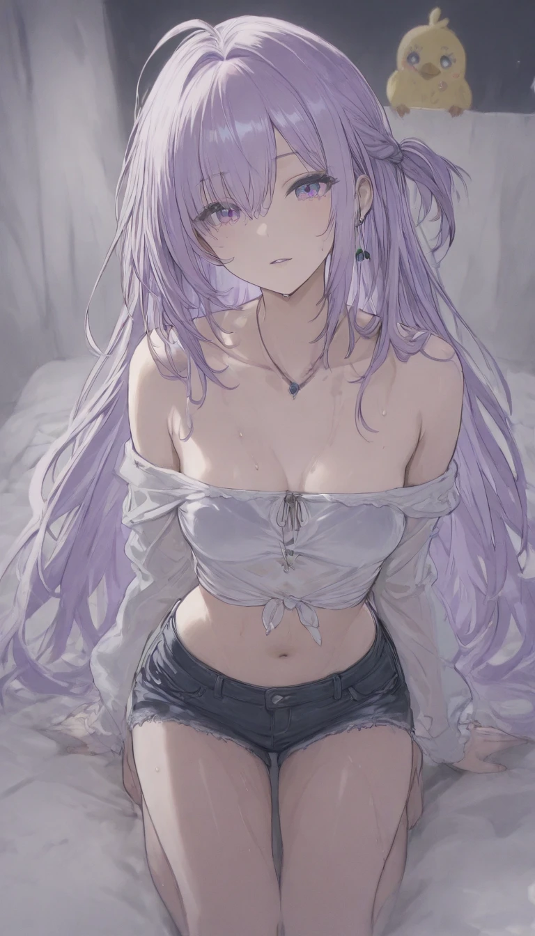 older woman, mature, middle-aged, solemn, serious, long hair, lavender hair, messy hair, violet eyes, completely white skin, white skin, colorless white skin, no skin color, skin literally white, blank expression dark eye sockets, long plain black t-shirt, no pants, indigo panties, dark, dark bedroom, abandoned bedroom, night, dim light, dark lighting, dark, dark, dark, night,  night, night 