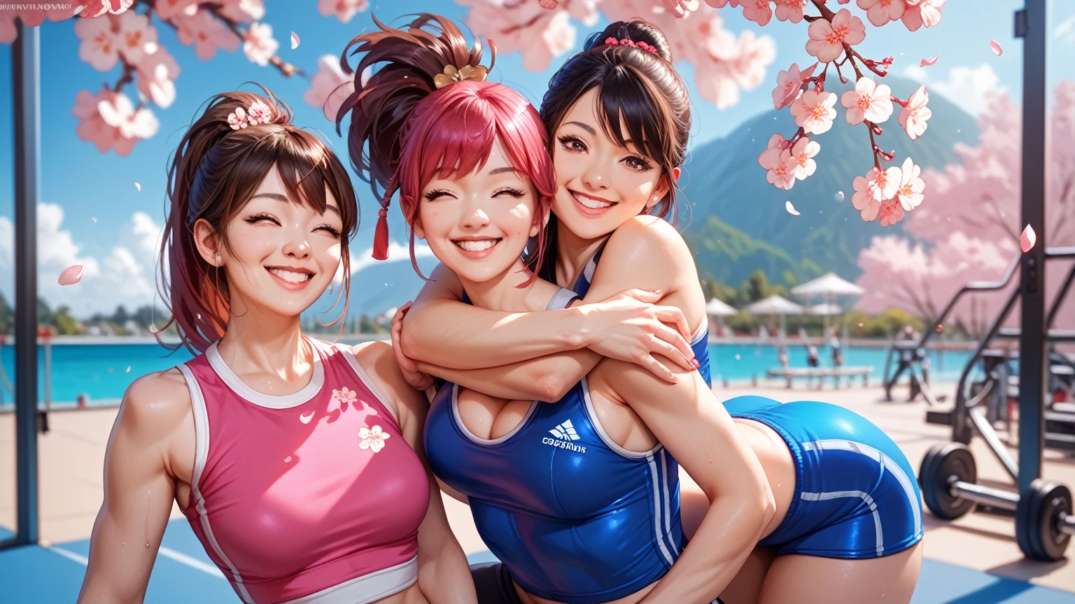 (best quality, highres),spring morning,Jello wrestling,2 extremely cute Asian women,bikinis,giggling,wrestling,playful,energetic,interactive,American crowd,cheering,laughing,surprised expressions,having fun,refreshing,green lime Jello,vibrant colors,transparent,vat of jello,shaking Jello,jiggly texture,wobbly,wrestling mat,bouncy,tables,crowd,coffee,excited chatter,lively atmosphere,relaxed,joyful,Sunday brunch,beautiful weather,outdoor setting,sunshine streaming,shadows,faint breeze,green grass,trees in bloom,flowering cherry blossoms,pink and white petals,pigeons fluttering,background noise of birds chirping,freshly brewed coffee aroma,filled with happiness and laughter,memorable moment,photorealistic,crisp details,vivid colors,pulsating energy,sunny disposition,embrace of spring.