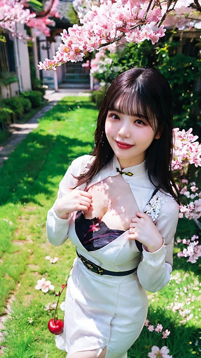 best quality, masterpiece, (realistic:1.2), 1 japanese girl, black hair, brown eyes, smiling, Front, detailed face, beautiful eyes, no bra,no panties. White transparent cloth, background prehistoric green forest.