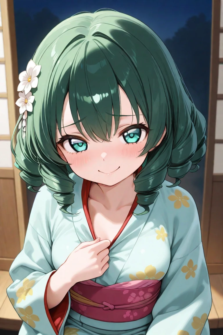 (Highest qualityのイラスト:1.2), (cute女の子:1.1), (1 girl、17 years old、Highest qualityのイラスト:1.2), (1 girl、smile、Beautiful breasts、Very detailedな目:1.2)、Bright blue hair、Short Bob Hair、(Highest quality、Very detailed、Very detailed and beautiful、Ultra-high resolution) 、Stylish cafe、waitress、Yukata、smile、cute