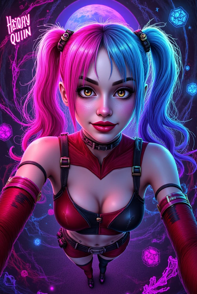 shy miniature, Cute small Harley Quinn, 1girl, solo,disney artwork, (extremely detailed very long hair with an intricate hairstyle:1.3)), unreal engine, cozy indoor lighting, artstation, detailed, digital painting,cinematic,character design by mark ryden and pixar and hayao miyazaki, unreal 5, daz, hyperrealistic, octane render, wearing a multicolored outfit,