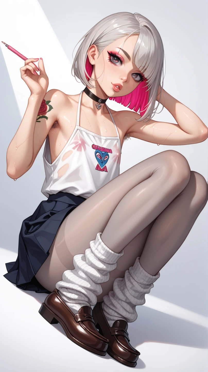 ((best quality)), ((masterpiece)), (detailed), perfect face, freckles across the face, Slim, White long pixie cut with red steaks, Pink eyes, Spiked choker, Pink crop top, unsymetrical half-pink half-Black skirt, Black legging, Dark Heeled Boots