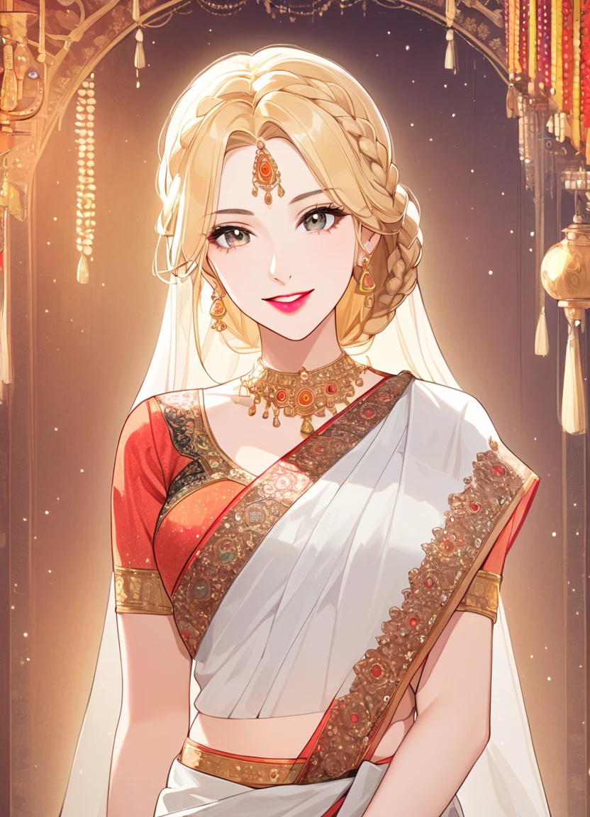 A beautifully detailed portrait of a hot, sexy, and stunning Indian mythical woman, wearing a traditional Indian attire of a chiffon draped elegantly around her body and a blouse, adorned with necklaces, bangles, rings, and exquisite gold and gemstone jewelry including a nath, traditional temple Jhumka earrings, henna, and a hair gajra. Her makeup is flawless, with magenta eyes, realistic white hair, a perfect, seductive face with a warm smile, a smooth, white skin, and a medium bust. The background is a bed, adding to the sensual and realistic nature of the artwork.