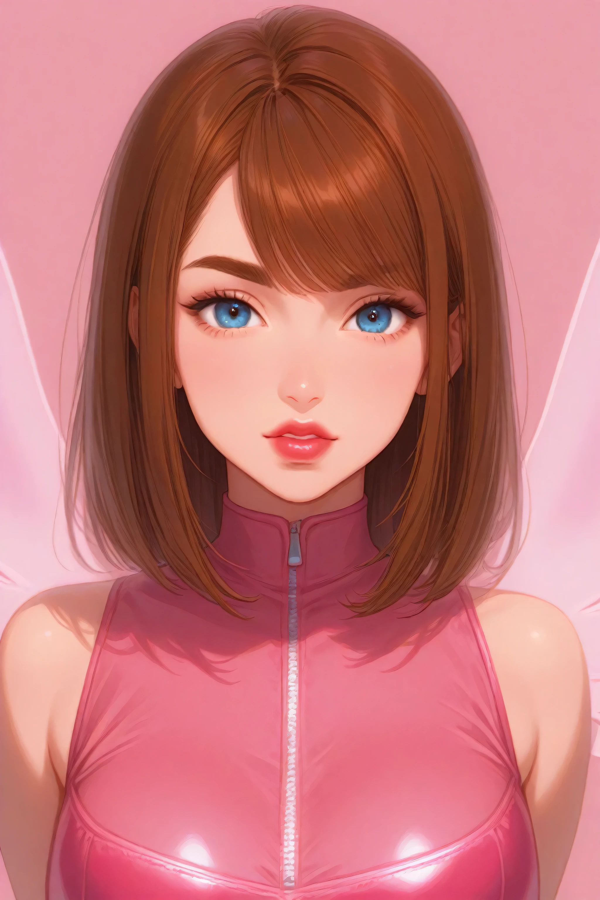 Perfect Face, Cut Straight Hair, Bright Brown Hair, Brown Thick Eyebrows, Blue Eyes, Pink Rouge, Bright Red Thick Lips, Beauty Woman