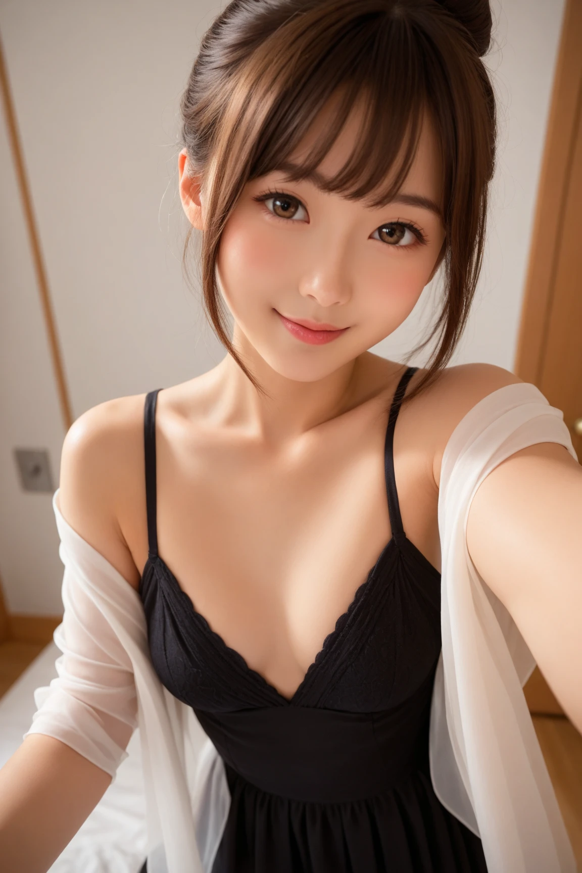 ((of the highest quality, 8K, masutepiece: 1.3, Raw photo)), Sharp Focus: 1.2, (1 AESPA Girl :1.1), (SOLO: 1.1), (Realistic, Photorealistic: 1.37), (Face Focus: 1.1), Cute face, hyperdetailed face, Short messy hair, updo, (Small breasts, flat chest, Thigh:1.2), (chiffon panties, lying: 1.2), tungsten lighting, night cafe