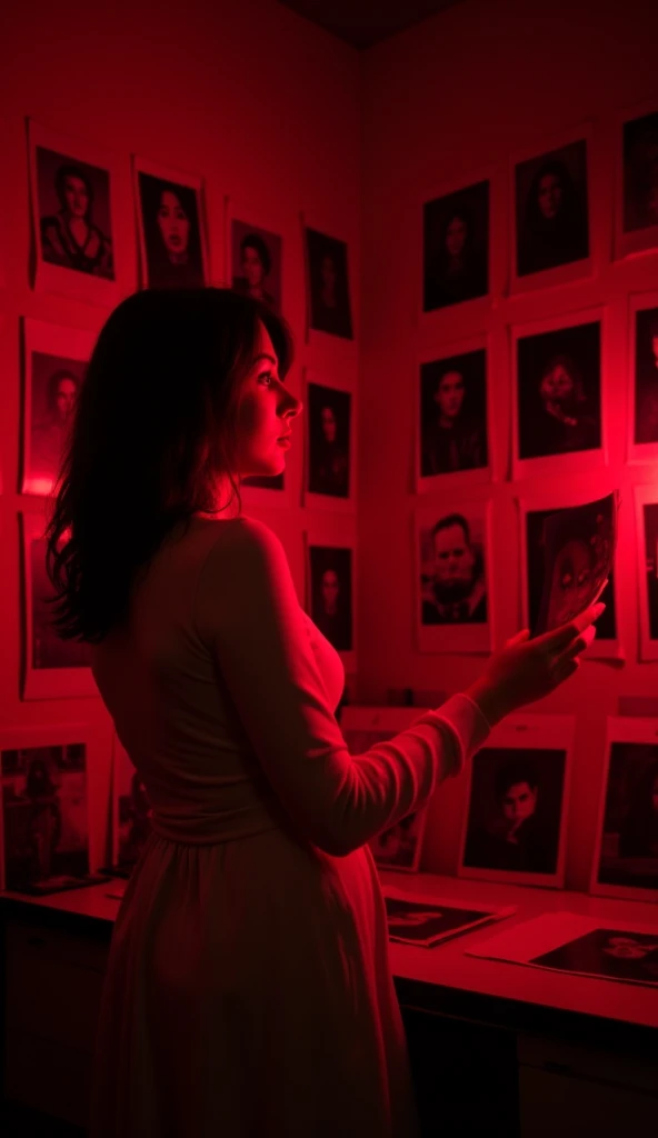velumiaclose up girl standing in front of her with photos hanging on a string, cinematic, professional photo, very detailed red light <lora:velumia:1>