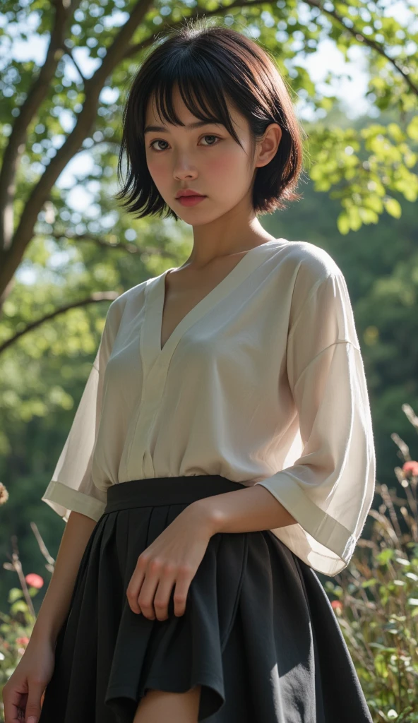 Best quality, masterpiece, ultra high res, (photorealistic:1.5), raw photo, 1girl, in the park, deep shadow, low key, cold light, sexy look, short hair, swimsuit