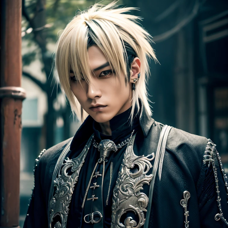 1 japanese male rocker, asien eyes, Visual Kai hairstyle, ultra detailed face and body, hyperrealistic, realistic representation, muscular, broad shoulders, tattoos gothic style, piercings, Visual Kei style, hairstyle Visual Kei, blond, 40 years old, age 40 outfit gothic streampunk, men's shirt and black pants, Asian eyes, eyes Asian, long hair, long hair