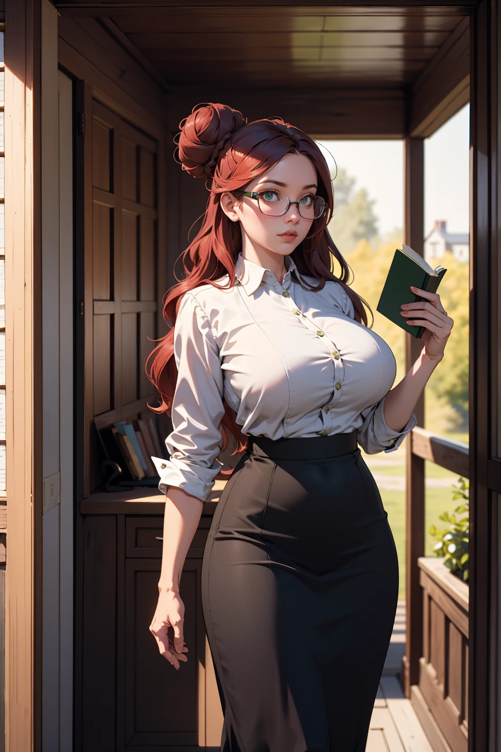 (highly realistic), (global illumination), (ray tracing), ((Gil Elvgren)), (illustrated style), ((highly detailed faces)), (8k resolution), pale blue eyes, (hyper realistic), (photorealistic: 1.4), cute librarian with hair tied in a bun, library, beautiful, green pencil skirt, white ruffled silk blouse