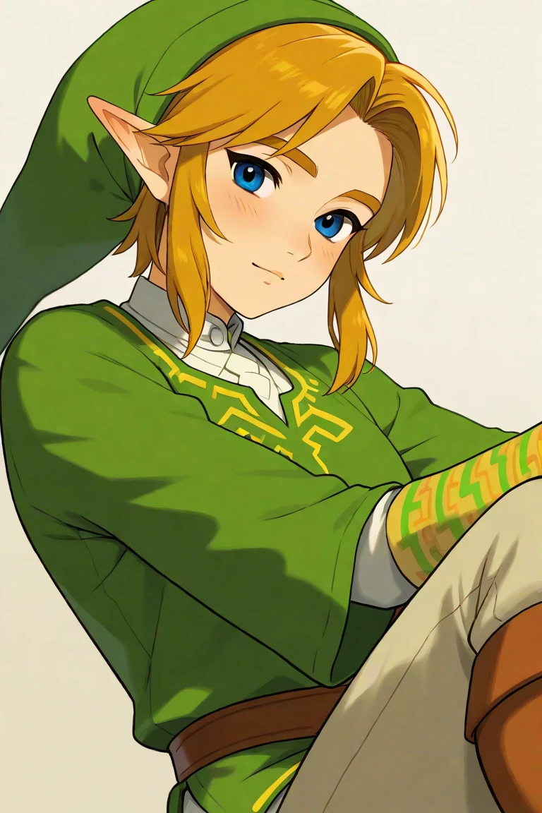 (Masterpiece), (Best Quality), ((Highly Detailed)), Link from botw, male, boy, medium hair, blond hair, blue eyes, blue earrings, full body, horny, big bulge in the crotch, upper body free, hard cock, sitting at the desk, 4k, 8k, anime style
