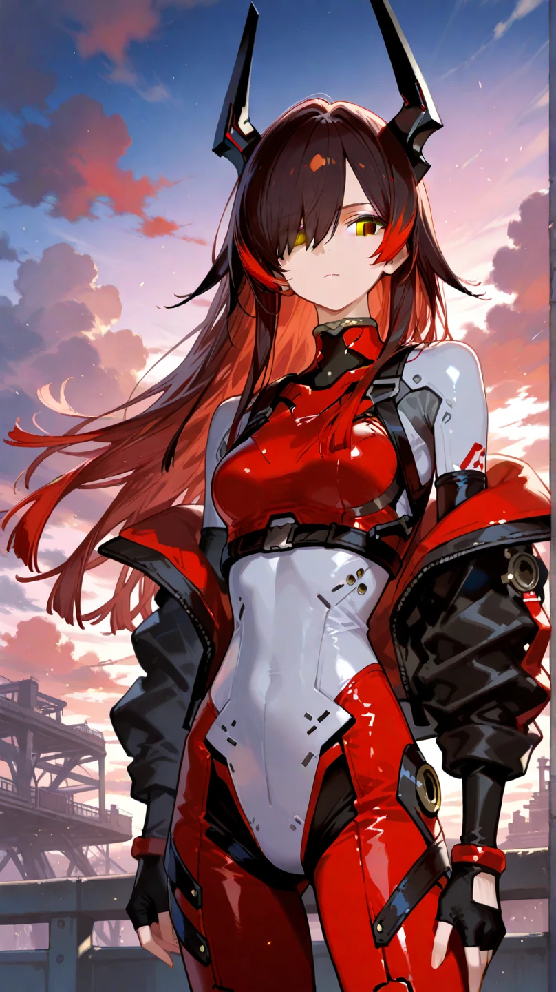 Red long-haired,Green eyes,Red sci-fi battle suit,Long red gloves,Red boots,Sexy standing pose,looking at viewert