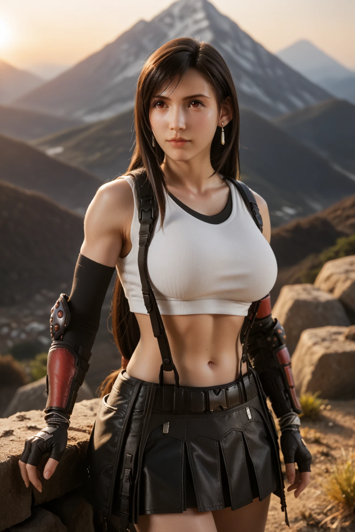 Tifa Lockhart, Final Fantasy VII, Long Black Hair, Bangs, Brown Eyes, Delicate Face, Athletic and Toned, Medium Height, Low-tied long hair, Tight White Top, Black Suspenders, Short Black Skirt, Black and Red Combat Gloves, Red Combat Boots, Brown Belt,  huge breasts, huge cleavage, sexy eye contact, cinematic, outdoors, mountainous landscape, warm colors, glowing sunset, cinematic, highly detailed, 8K, hyper realistic, masterpiece, defTif, red eyes, black hair, low-tied long hair, earrings, white sports bra, black suspenders, black miniskirt, arm warmers, black elbow gloves, elbow pads, red gloves, red footwear