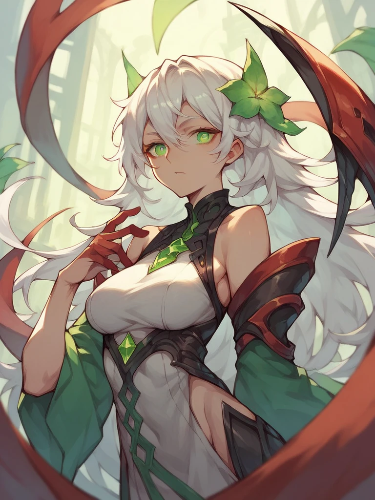 (photo in RAW format, 4k, realisti, Exquisitely detailed skin), tmasterpiece, beste-Qualit, official arts, Unity 8k壁纸, Ultra-detailed, (dark scene, Low key, soft-lighting), cienatic look, high saturation, Beautiful anatomy, Perfectly proportioned, best anatomy, volumetric fog, Samurai Girl, shapely body, cowboy shot, a 1girl, arma, 1 mesh, hairlong, white colored hair, holding, 独奏, big breastes, generous cleavage, Holding a weapon, bloods, Holding the Sword, arm guards, Simple background, Blood on Weapon, Looking at the floor, green colored eyes, variegated, Floating hair.