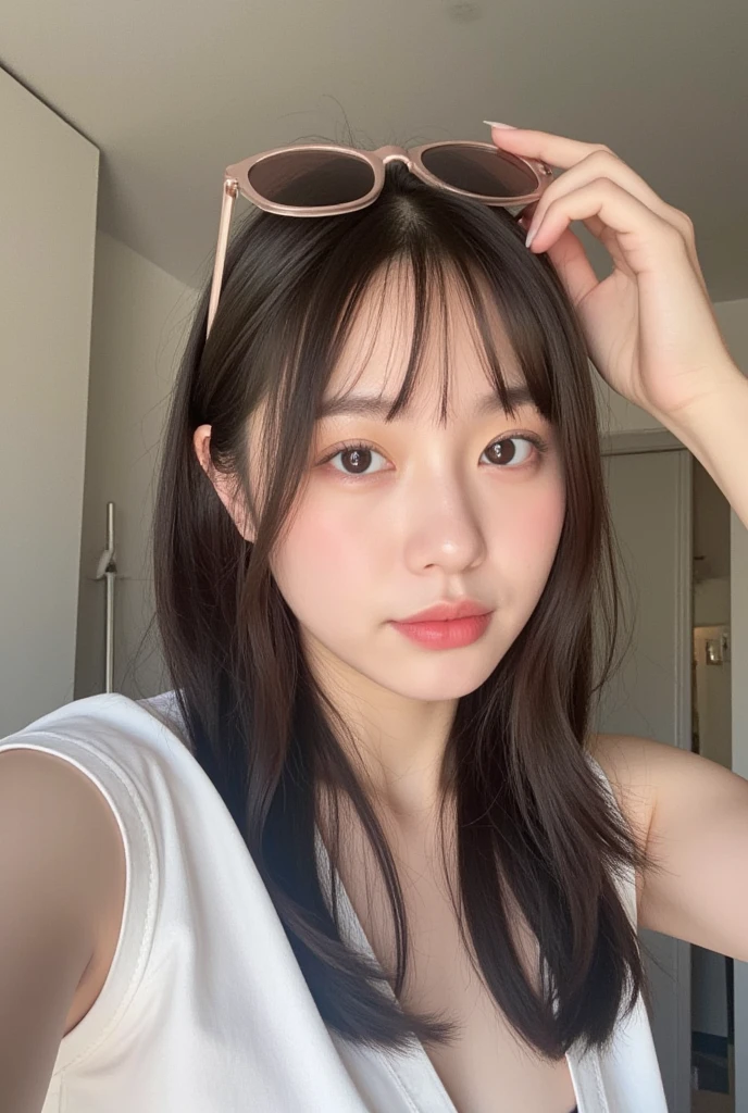 Close-up portrait of a woman in a striped shirt, young adorable korean face, with short hair, 8K selfie photo, Nam Jae Young, Yoshitomo Nara, Cute girl - well-groomed face, 🚿🗝📝, sakimichan, cute - well-groomed - face, Ulzzang