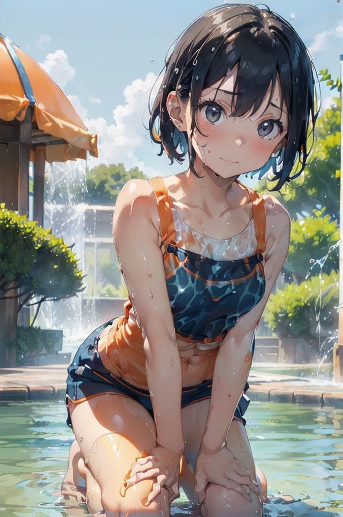 (Soaked in slimy liquid slime:1.4),(Orange swimsuit((Orange camisole)),Navy blue piping),(Navy blue shorts),Black Hair,(Water playground in the park:1.2),(Leaning forward pose:1.4),