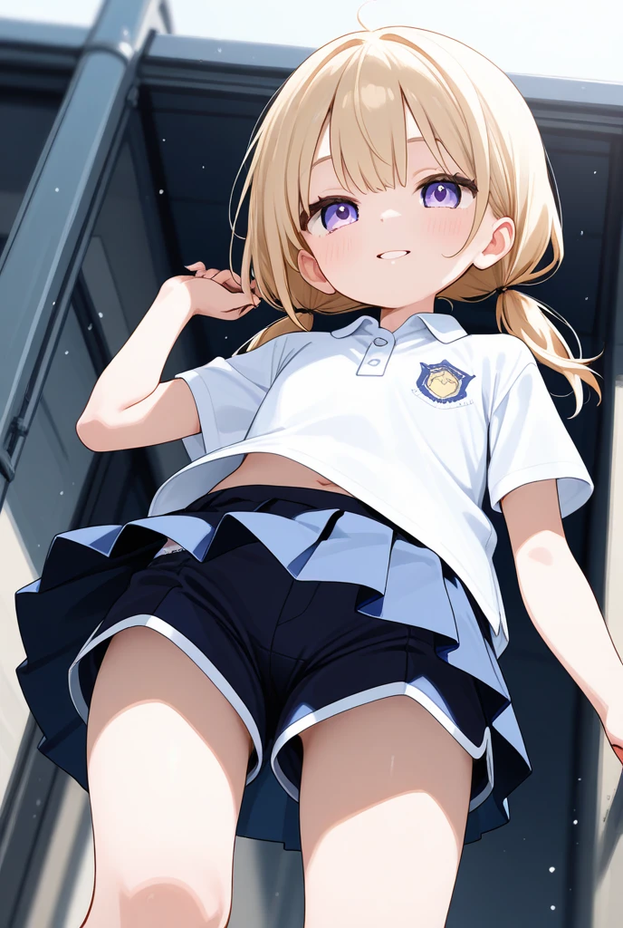  White knee socks,, open,ribbon,hair ornaments, Frilled mini skirt, Short sleeve shirt, whole body, smile