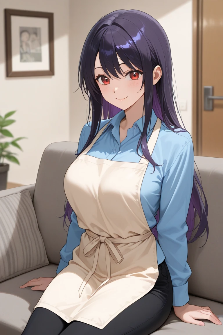 woman, 1girll, 独奏, huge tit, upper legs, Purple-black hair,neon palette, Nude wearing an apron,pink apron, Coiled hair,hason, 1girll, 详细的脸, Hang in the back, illustrated, TTPT-FC ,