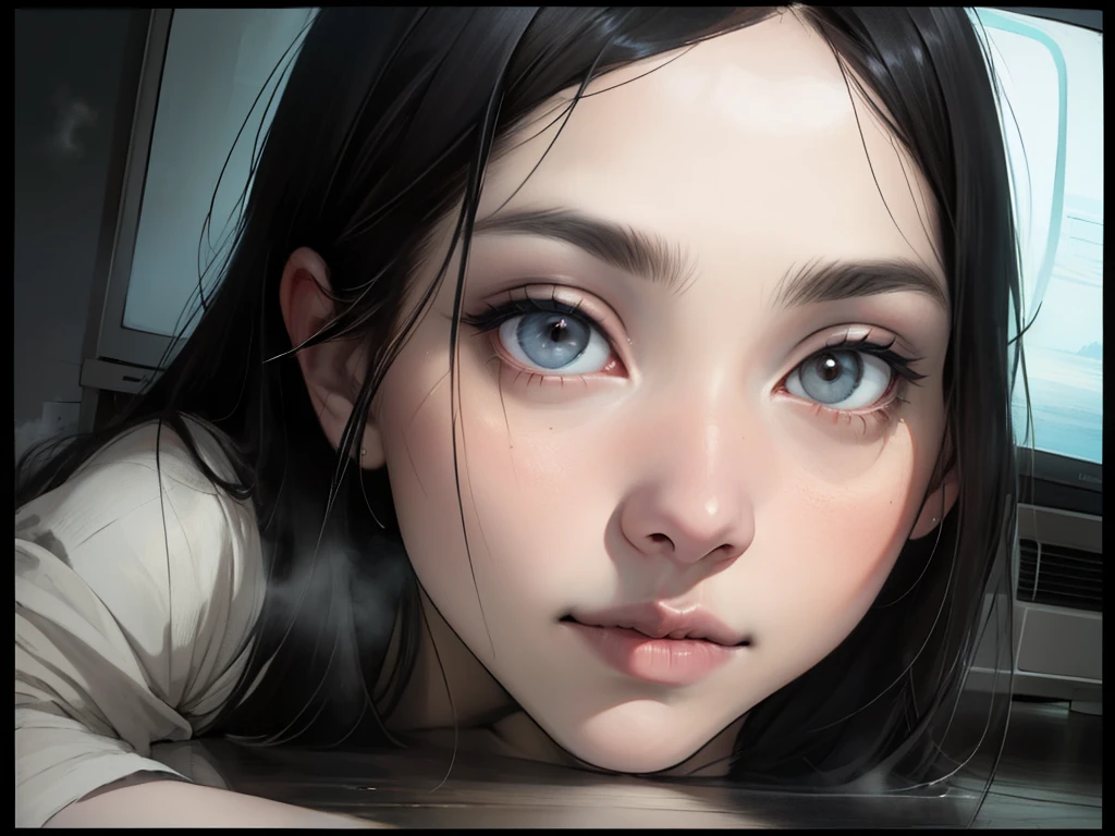 (masterpiece:1.3), (8k, realistic, RAW photo, top quality: 1.4), ((1 Sadako )), beautiful face, (realistic Face), (black hair, long hair:1.5), Beautiful Hairstyle, (( Her Face Is Hidden by Bangs:1.5)), realistic eyes, ((White of the eyes:1.2)), beautiful fine details, (realistic Skin), beautiful skin, ((white skin:1.4)), absurd, charm, super high definition , Super Real, are very good and detailed, golden ratio, ((crawl out of the TV )), a dim four-and-a-half square meter Japanese-style room , (steam:1.0)
