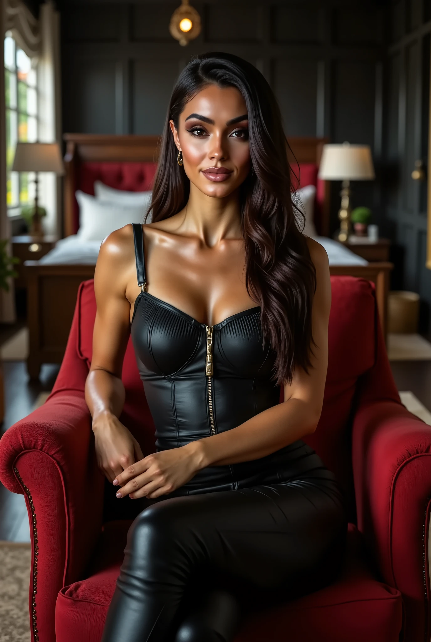 (Masterpeace, high quality, High resolution, realistic photo, photography), Beautiful Viking woman , age from 30 to 36 years old , full face photo , with light eyes , beautiful breasts, beautiful and detailed face , cute smile , beautiful butt , Miranda Angelical , beautiful legs , great detail of body and face in a sensual and erotic pose . Great detail of the background and environment. beautiful girl with very big breasts, Red lips, long loose hair, sensual. A woman sitting in a red chair . she wears an elegant black dress , with a design that highlights her figure . Her hair is long and dark , and has an outstanding makeup , especially on her lips in deep red . Her expression is confident and maintains an elegant posture , with a crossed leg and arms crossed . The background has a white curtain and dark walls. The decoration ends with bedroom accessories .
