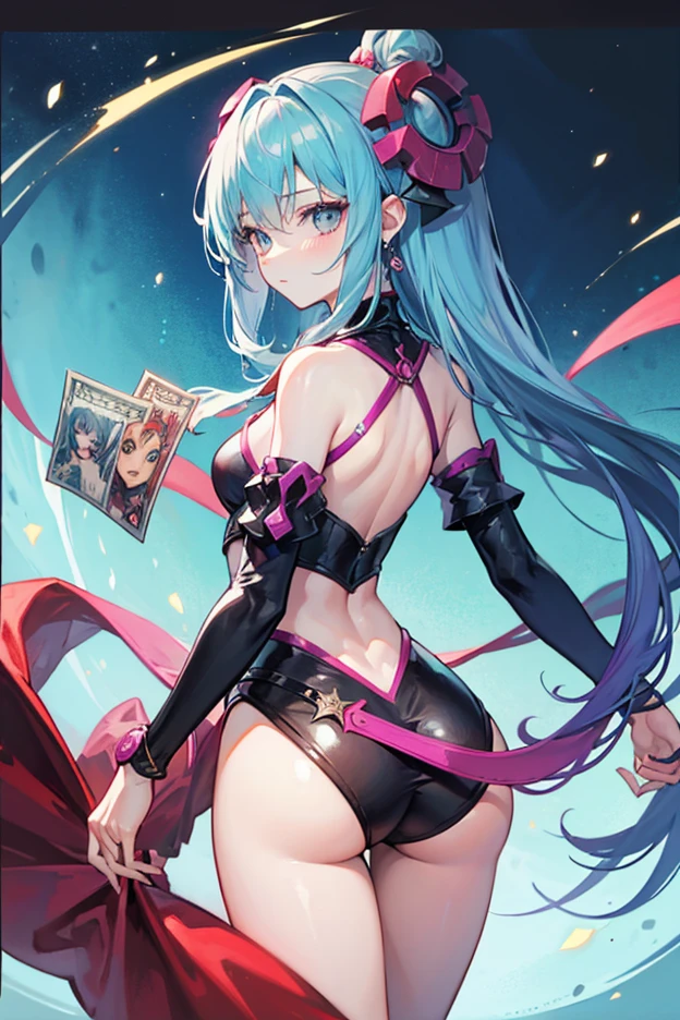 (((close up panties))), (I look up at the girls from the ground.)、(The girls who surrounded me and hugged me)、((A seductive wicked smile)), (Magic Warrior)、(FINAL FANTASY 6_Tina)、low length、(thin)、((5 years old girl))、(Transparent fair skin), (((child girl)))、Wavy、(Green Hair)、ponytail、Red scrunchie、((Forehead))、Big eyes、Grey Eyes、purple shoulder metal protector, (Red leotard)、(covered nipples), ((Angle from below1.5)), light pink tights、Covered navel、(Thighs), crotch、Red Armor Boots、(Angle from the bottom of the girl), ((Girl squeezes me with her crotch)), (at a research facility)、((Colorful balls of light appear all around))、((Casting magic))、(The whole body is enveloped in a pink aura.)、