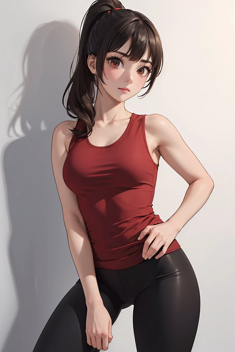 1girl, lip flap, blush, makeup, light smile, brunette hair, red eyes, crop top, no clothes, light, glow, thighs, collarbone, narrow waist, (masterpiece), wallpaper,