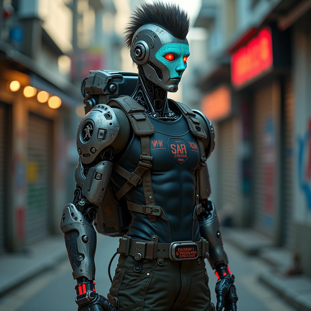 fighting game style cybernetic style biomechanical cyberpunk one man, pleasant smile, bob, T-shirt, jeans, broad shoulders, looking at the viewer, torn shades of colors, dramatic dark <lora:sdxl_lightning_8step_lora:0.5> <lora:GoodHands-vanilla:1> <lora:add_detail:1> <lora:Asanagi-Style-PonyXL-Final:0.8> . cybernetics, human-machine fusion, dystopian, organic meets artificial, dark, intricate, highly detailed . futuristic, technological, cybernetic enhancements, robotics, artificial intelligence themes . dynamic, vibrant, action-packed, detailed character design, reminiscent of fighting video games