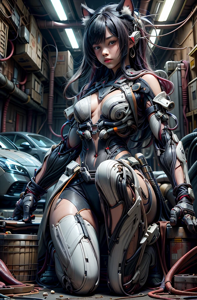 (Masterpiece), (Best quality), Photorealism, Realistic, Ultra detailed, Perfect face, Perfect body, 1girll, Beautiful girl, Girl in red armor, Mechanical armor, exoskeleton, Stand, Cool pose, Sexy, Watching from behind
